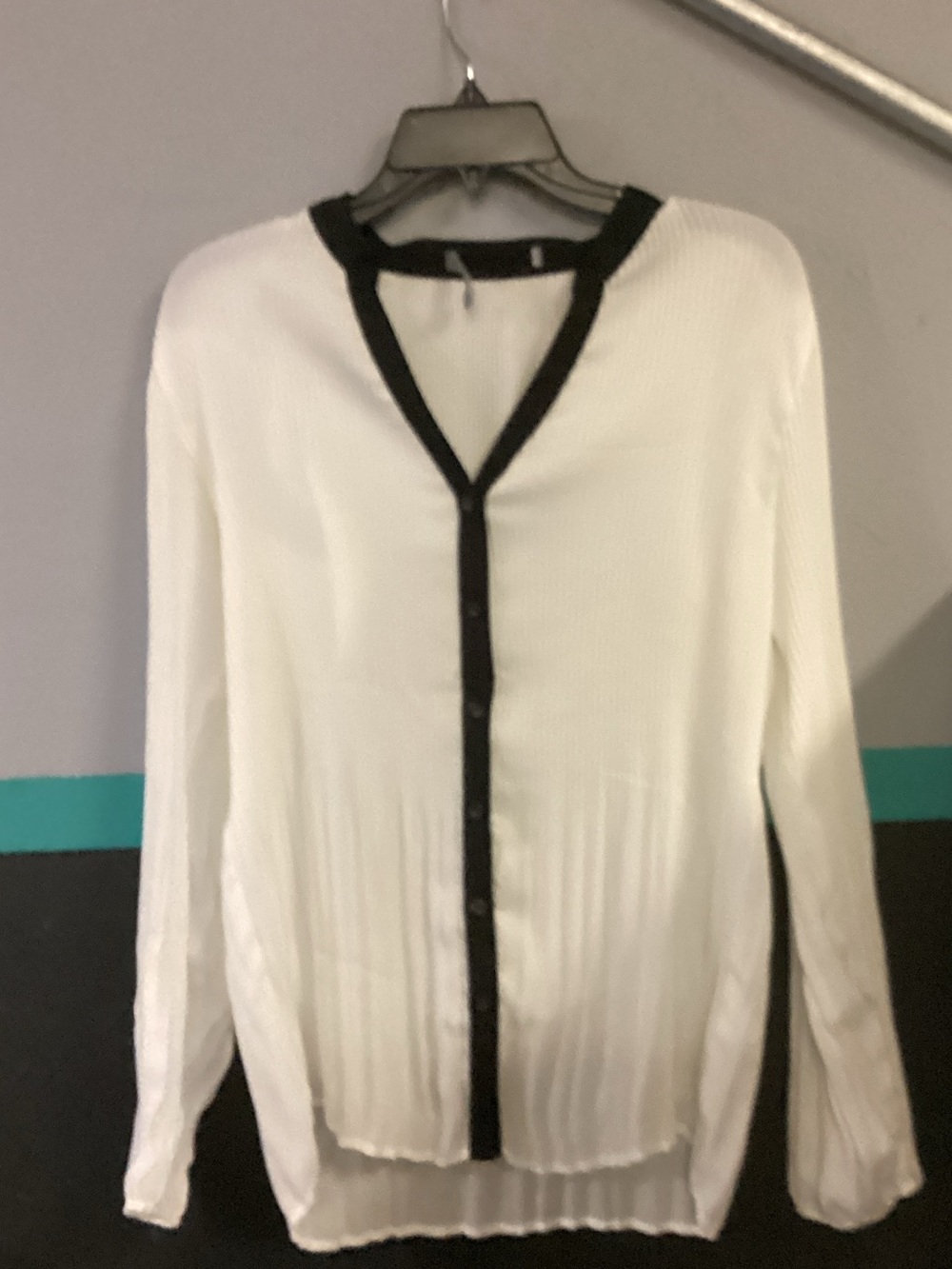 NY Collection White Button-Front Blouse with Black Trim